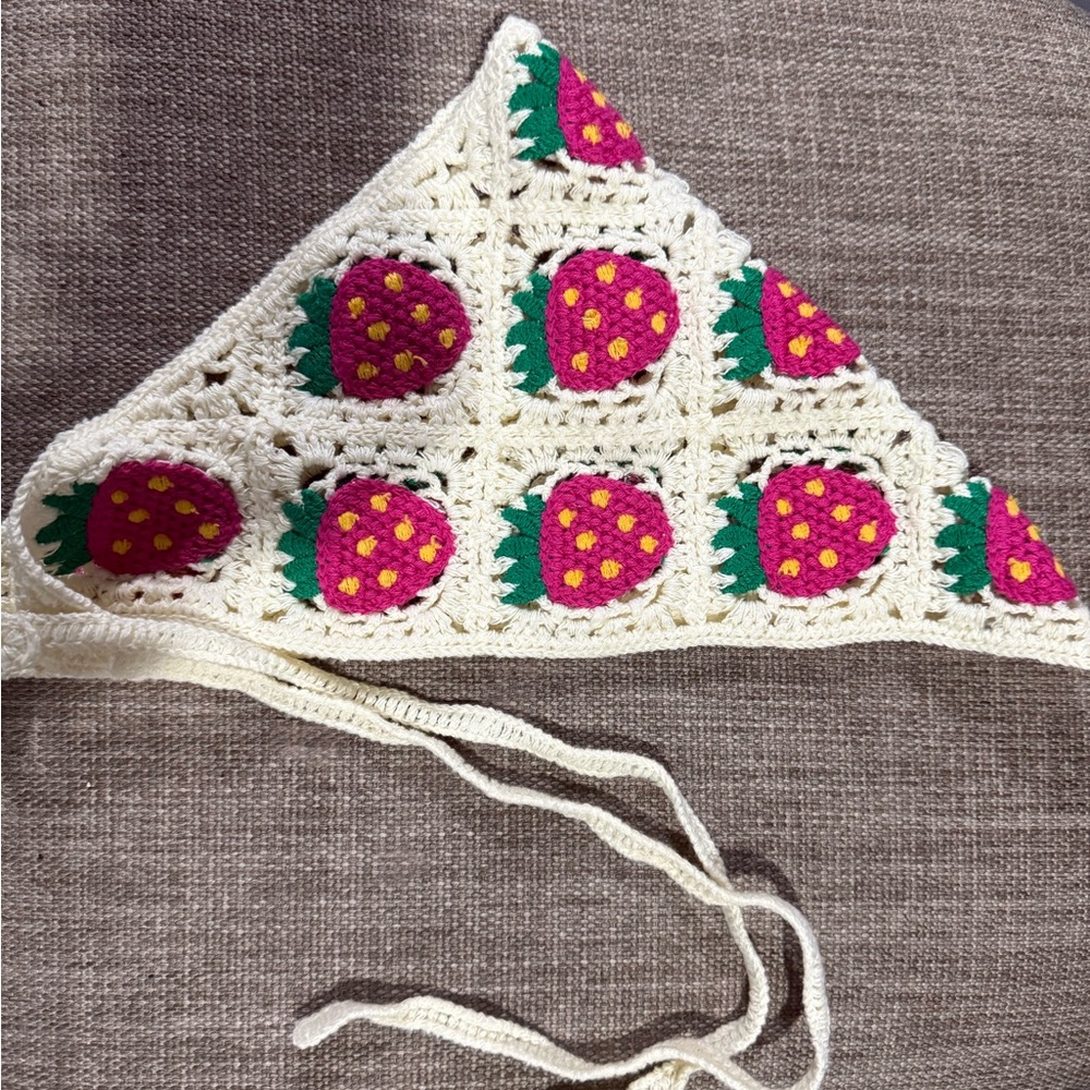 Strawberry Crochet Hair Scarf - Cream and Pink